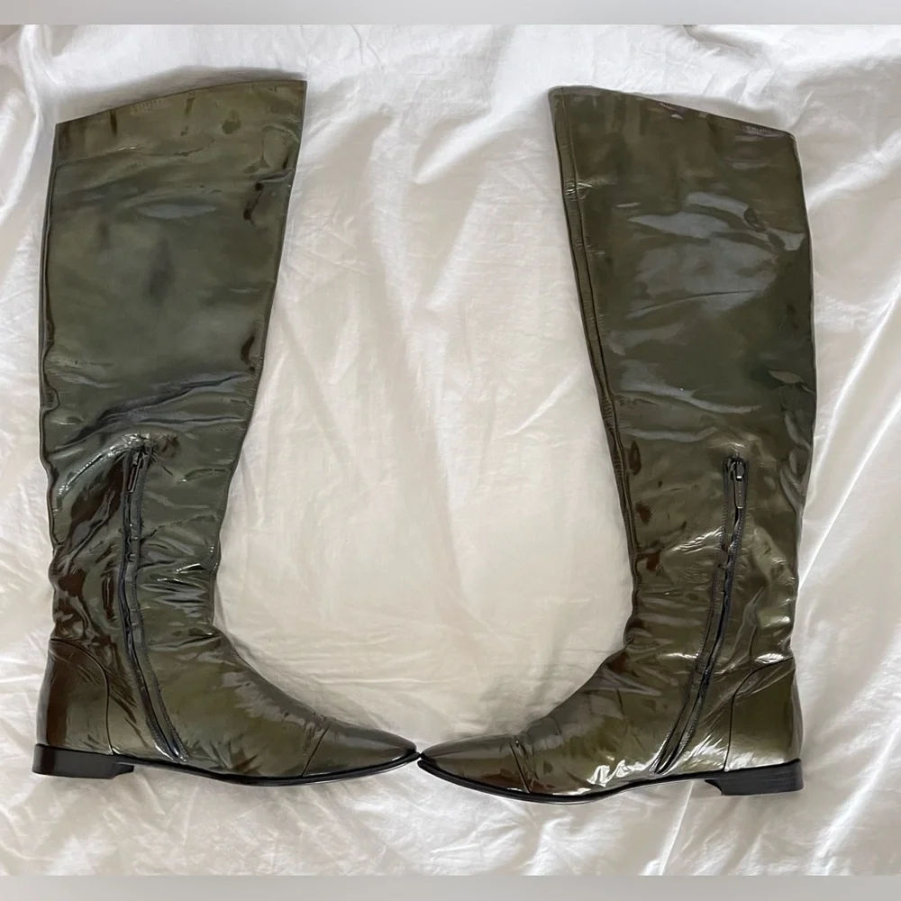 Sergio Rossi Patent Leather Over-the-Knee Boots Olive Green Size 38 Made in Ital
